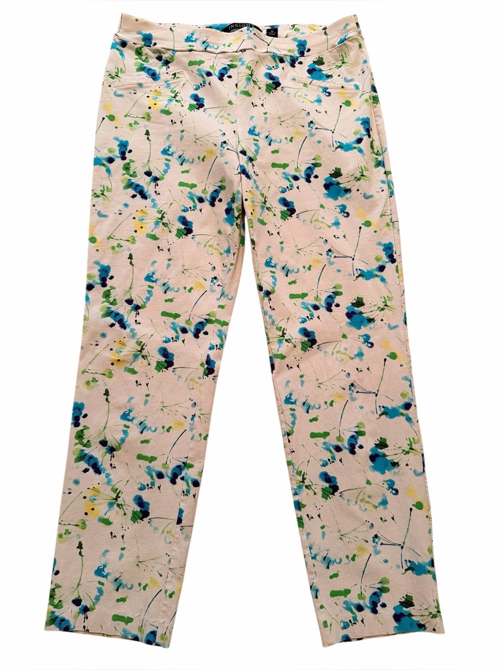 Insight Blue/Green on White Floral Watercolor Print Slim Pants 12
